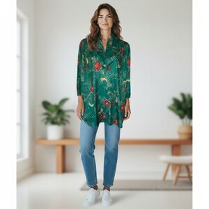 ON SHORE Beautiful Silky Green Red Gold Floral V Neck Blouse 3/4 Sleeve XL